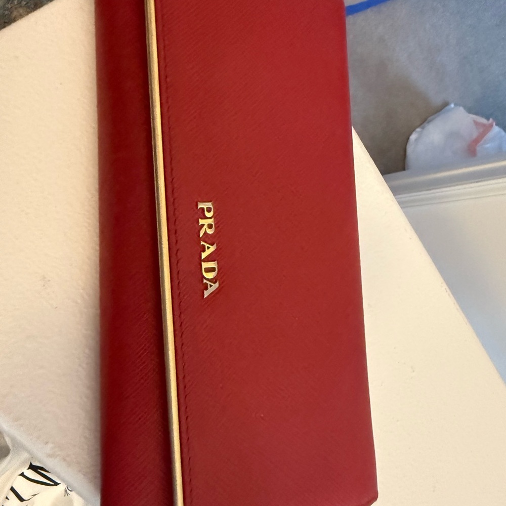 Prada Red Saffiano Leather Clutch with Gold Logo